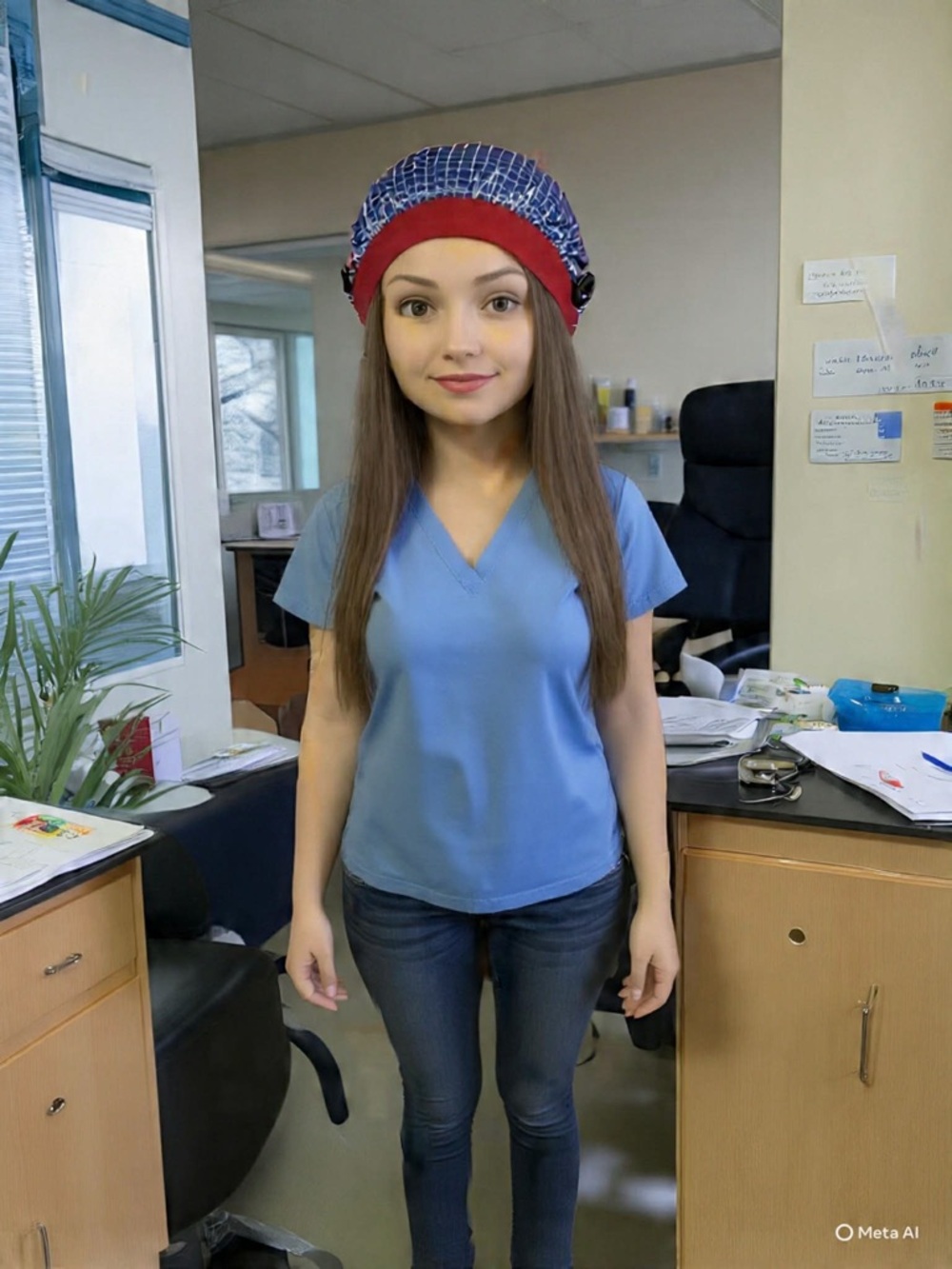Blue and Red Women's Scrub Cape with buttons for Mask